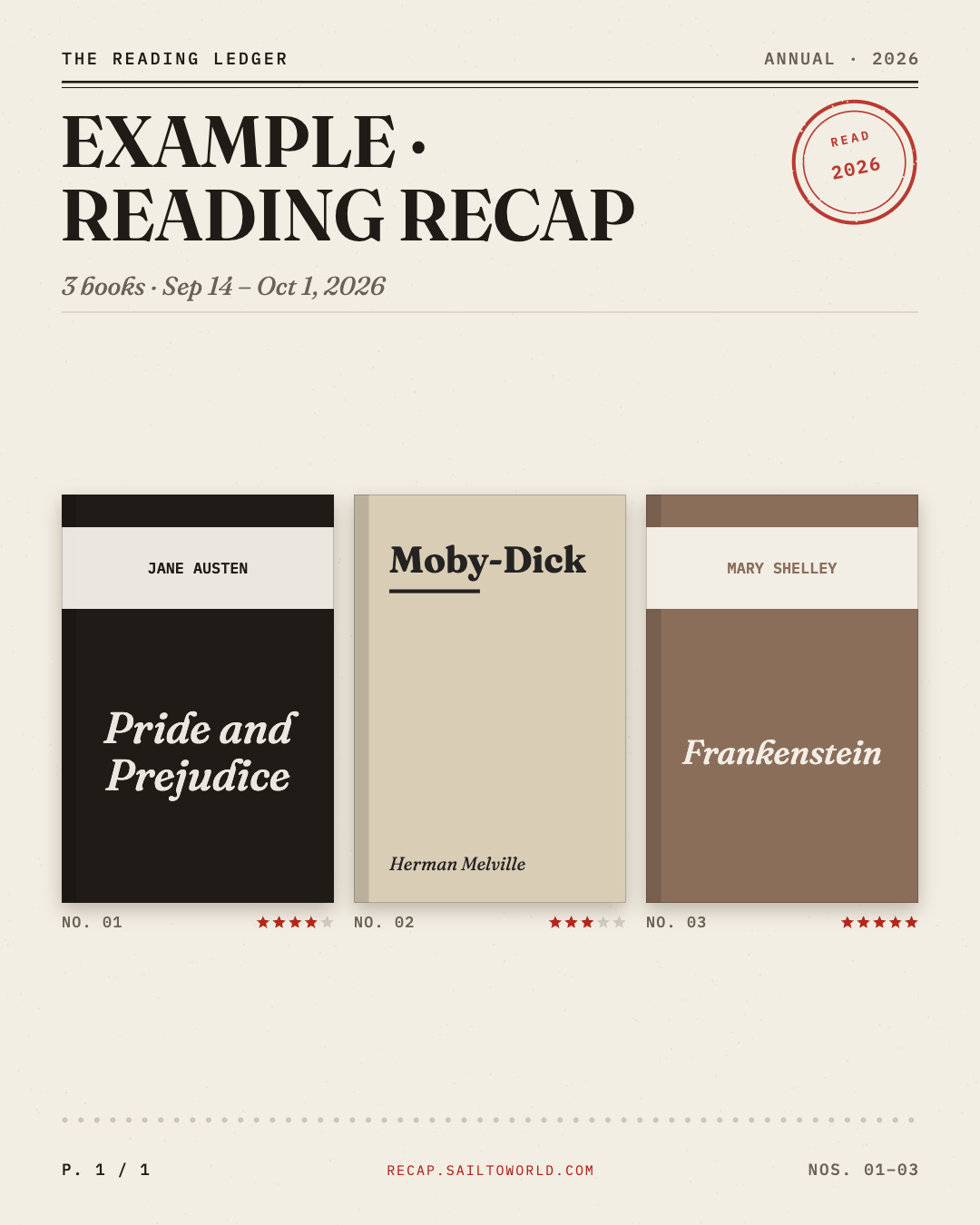 Real three-book Ledger Portrait export with original typographic covers