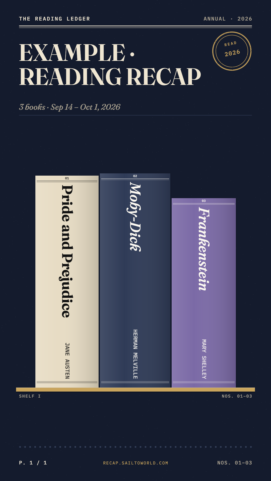 Real three-book Night Stacks Story export with original typeset spines