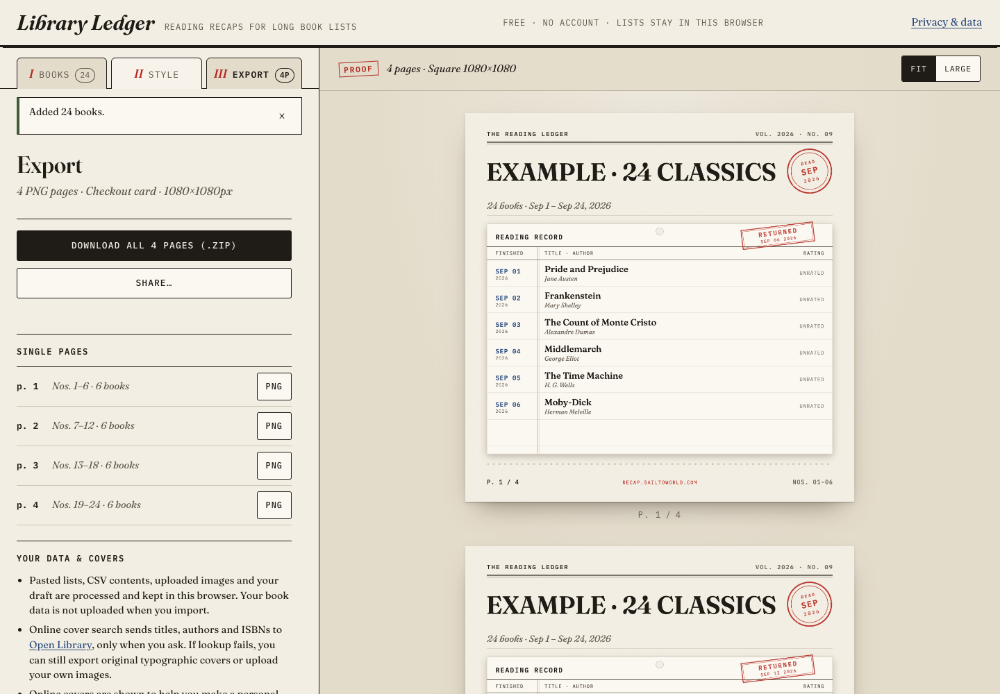 A 24-book Square Checkout card recap ready for a multi-page ZIP download
