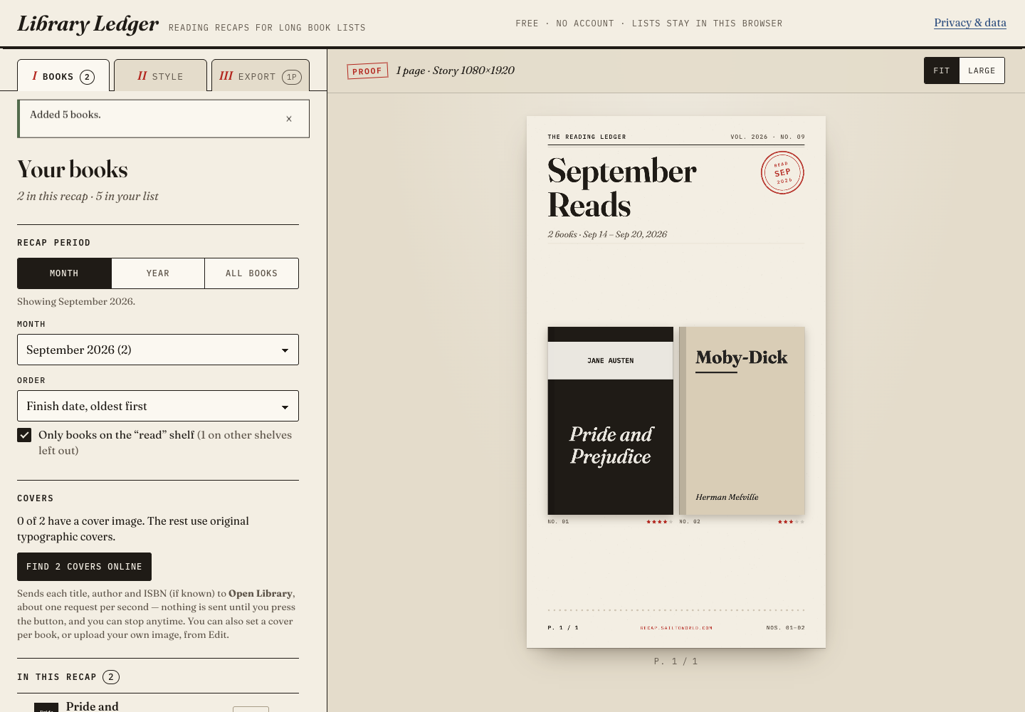 September selected, showing two books while the five-book library remains intact