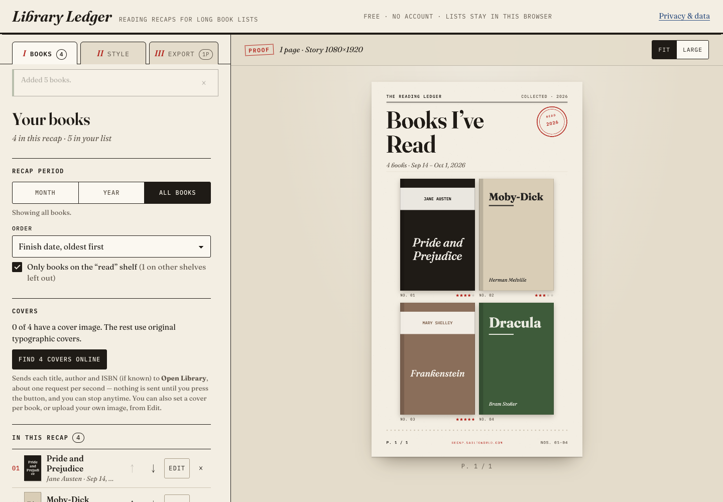 Example CSV imported: five books in the list and four read books selected